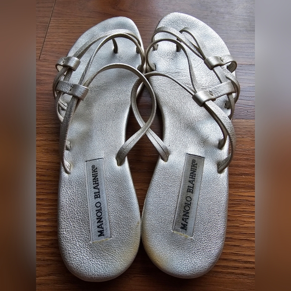 Manolo Blahnik Slip On Slides Strappy Sandals Gold 38 1/2 Fit Size 8 - Picture 3 of 5